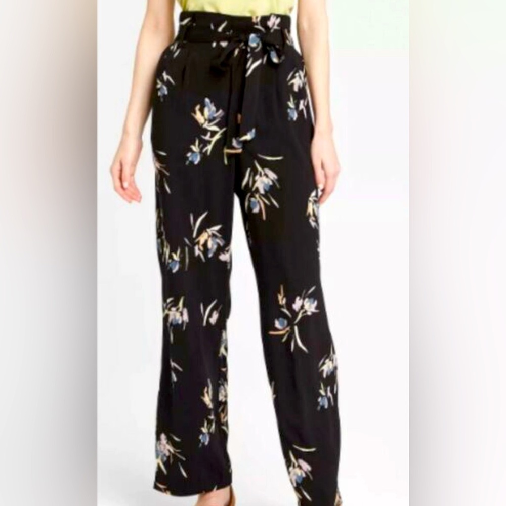A NEW DAY Wide Leg Palazzo Black Floral Pants X Large Tie Belted